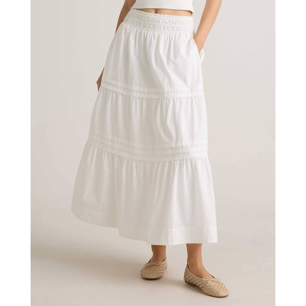 Quince White 100% Organic Cotton Tiered Maxi Skirt Smocked Waist Pockets Size M